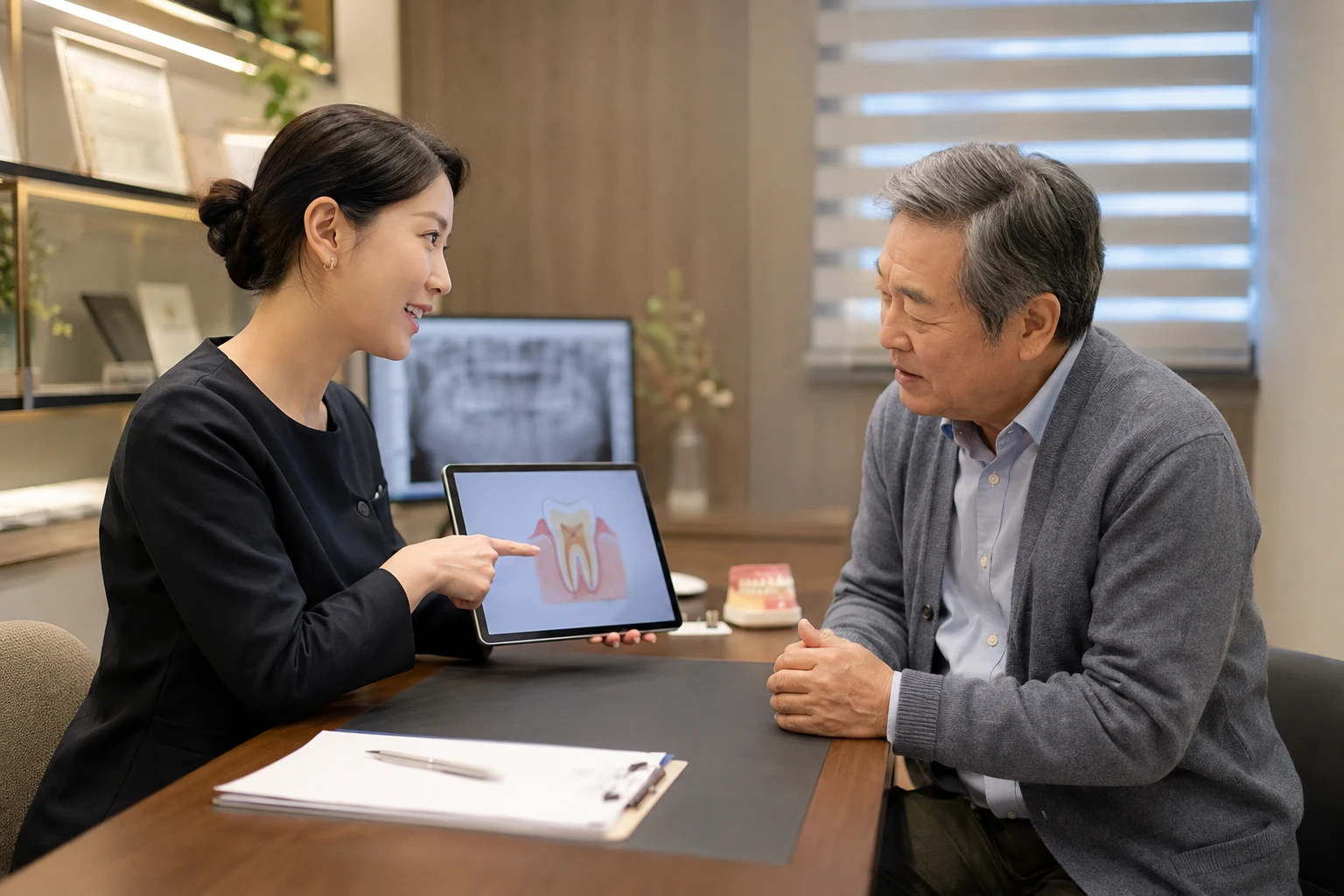 임플란트 상담 판단 기준을 살펴보는 장면
